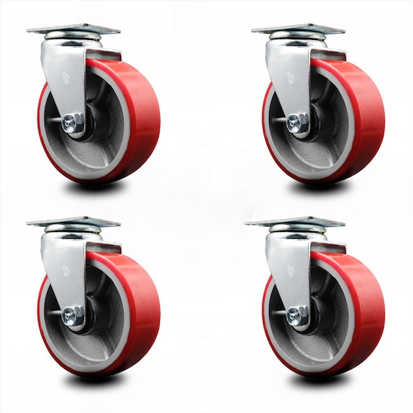 5 Inch Red Poly on Cast Iron Wheel Swivel Caster Set with Ball Bearings SCC